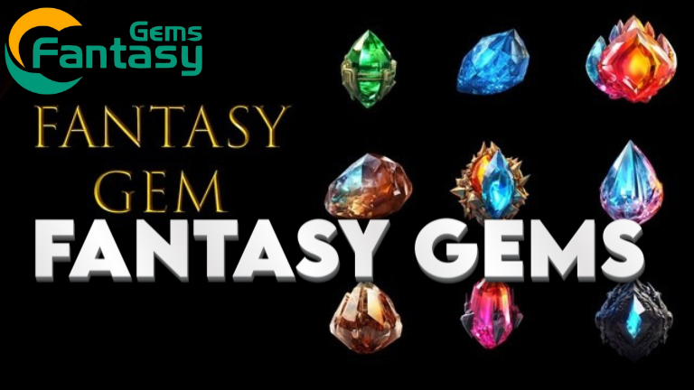Collection of colorful gems from the Fantasy Gems List, including diamonds, amethyst, emerald, ruby, and more.