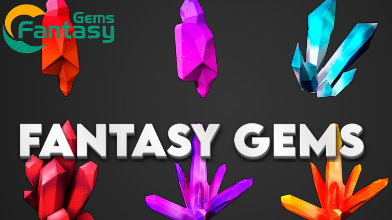 Six colorful mythical gemstones with unique shapes, each glowing against a dark background.