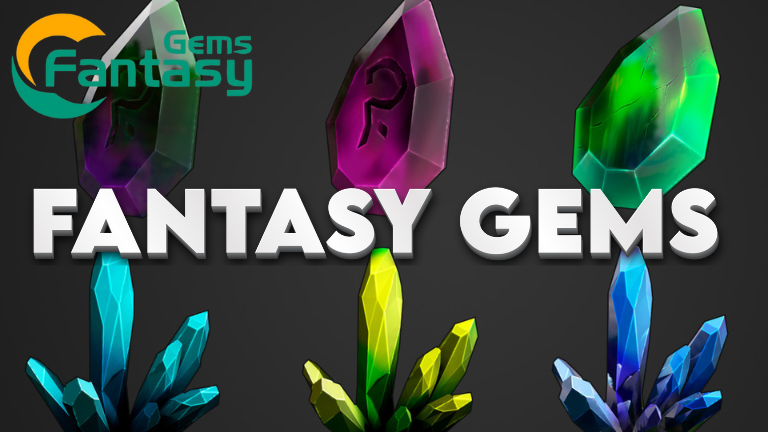 Six dark fantasy gemstones in vibrant purple, green, and blue shades, each glowing subtly against a dark background.
