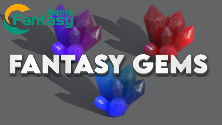 Six bright fantasy cut gemstones in varied shapes and colors, glowing against a dark background.