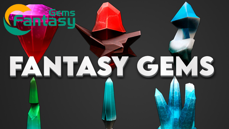 Six brightly colored fantasy gemstones for sale in varied shapes, each glowing against a dark background.