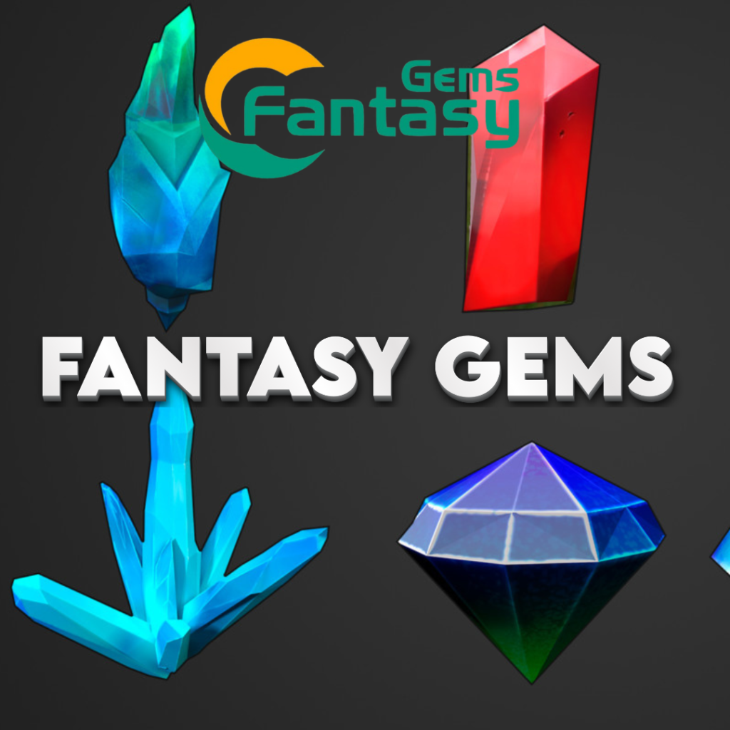 Six brightly colored fantasy cut gemstones in various shapes, each glowing against a dark background.