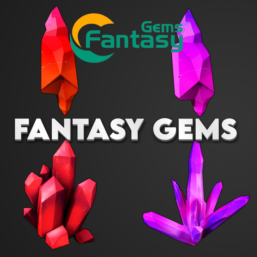 "Collection of colorful fantasy gemstones for sale with bright hues and unique shapes, arranged on a dark background.